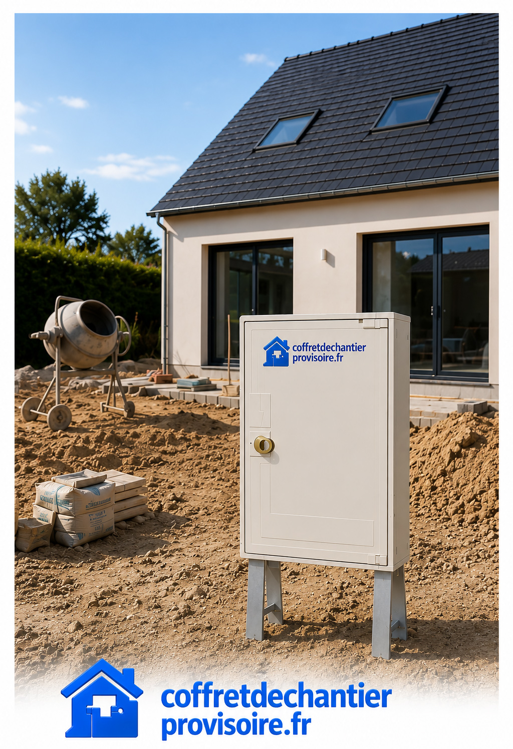 Coffret de chantier devant maison en construction